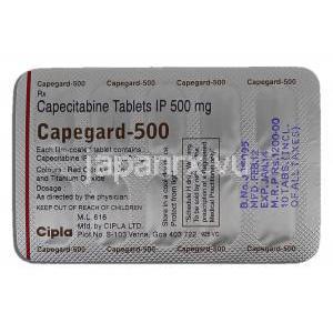 ケープガード, カペシタビン 500mg 錠 (Cipla) 包装裏面