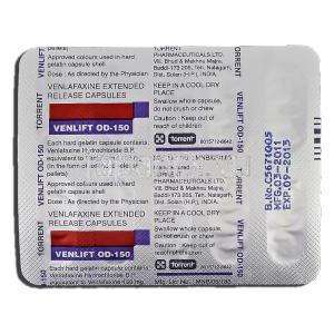 ベンリフト OD, ベンラファキシン XR 150mg, カプセル 包装裏面
