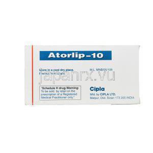 アトルリップ-10, リピトールジェネリック，アトルバスタチン 10mg 　箱 製造元： Cipla