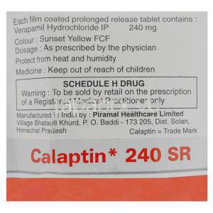 カラプチン, ベラパミル 240mg 錠 (Piramal Nicholas) 成分・使用上注意