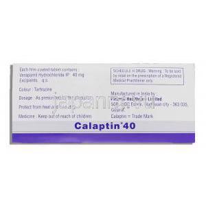 カラプチン, ベラパミル 40mg 錠 （Piramal） 箱裏面