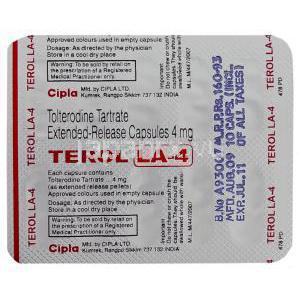 テロルLA, 酒石酸トルテロジン 4mg カプセル （Cipla） 包装裏面