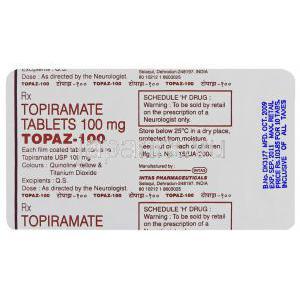 トパーズ, トピラマート100mg 錠 (Intas) 包装裏面