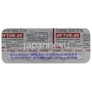 ダイトール, トラセミド 20mg 錠 (Cipla) 包装裏面