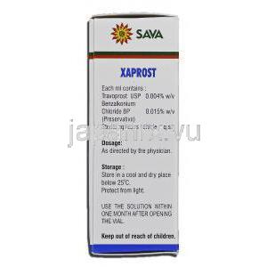 キサプロスト, トラバプロスト 0.004% x 2.5 ml 点眼薬 (Sava medica) 箱裏面