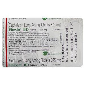 セファレキシン （ケフレックス ジェネリック） , Phexin BD, 375MG 効果持続型 錠 (Graxo SmithKline) 包装裏面