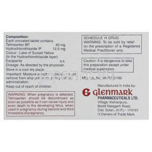 テルマＨ, テルミサルタン/ヒドロクロロチアジド, 40mg/ 12.5mg錠 (Glenmark) 箱　情報