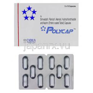 ポリキャップ Polycap,	アテノロール50mg / チアジド12.5mg / ラミプリル5mg / シンバスタチン20mg / アスピリ
