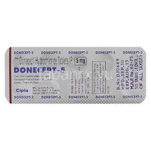 ドネセプト、ドネペジル 5mg 錠 (Protec/Cipla) 包装裏面