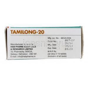 タミロング,　クエン酸タモキシフェン 20mg 錠　箱　製造元 HAB社