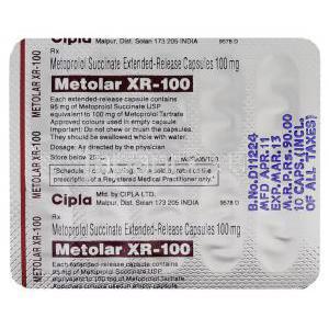 メトプロロール（トプロルXL ジェネリック）, Metolar XR, 100MG カプセル (Cipla) 包装裏面