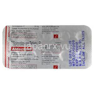アルダクトン Aldactone, スピロノラクトン 25mg 錠 (RPG Life) 包装裏面