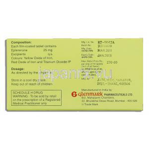 エプタス, エプレレノン 25mg 錠 (Glenmark) 箱裏面