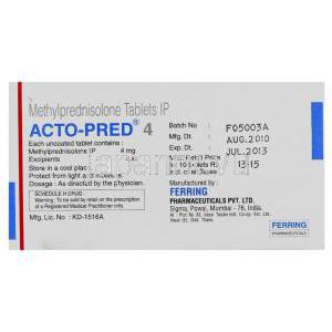 メチルプレドニゾロン（メドロールジェネリック）, Acto-Pred, 4mg /16mg 錠 (Ferring) 製造者データ