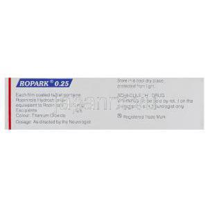 ロピニロール（レキップジェネリック）, Ropark, 0.25mg 錠 (Sun Pharma) 成分