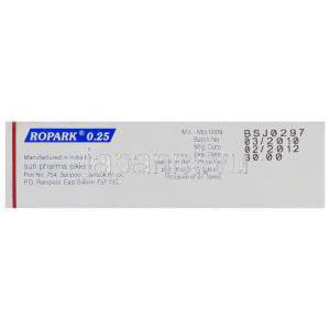ロピニロール（レキップジェネリック）, Ropark, 0.25mg 錠 (Sun Pharma) 製造者情報