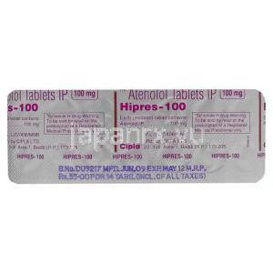 アテノロール Hipres 25mg 錠 (Cipla) 包装裏面