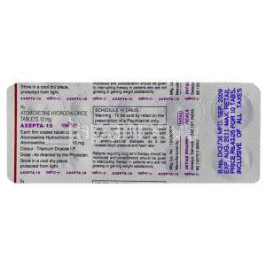 アゼプタ Axepta, ストラテラ ジェネリック, アトモキセチン 10mg 錠 (Intas) 包装裏面