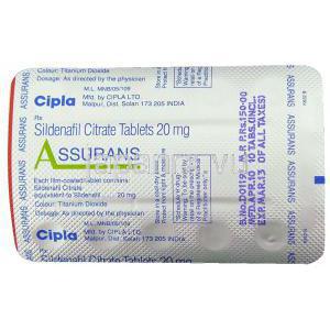 アシュアランス, シルデナフィル 20mg 錠 (Cipla)  包装裏面