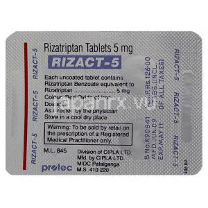 リザクト, 安息香酸リザトリプタン 5gm  錠 (Protec)  包装裏面