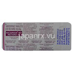 ニフェジピン（ジェネリック・ニフェディカル）XL, Nicardia CD, 30mg 錠 (J.B. Chemical) 包装裏面