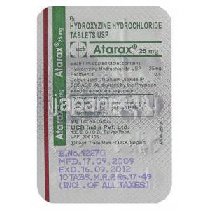 アタラックス, 塩酸ヒドロキシジン 25 mg 錠 包装 情報 (UCB)