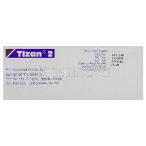 チザニジン2 mg 錠, (Sun pharma)  製造業者情報