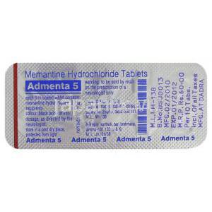 アドメンタ, メマンチン  5mg 錠 (Sun Pharma) 包装裏面