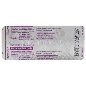 ドクサカード Doxacard, カルデナリンジェネリック, ドキサゾシン  4mg 錠 (Cipla) 包装裏面