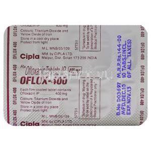 オフロックス Oflox, タリビッド ジェネリック, オフロキサシン 400mg 錠 (Protec/Cipla) 包装裏面