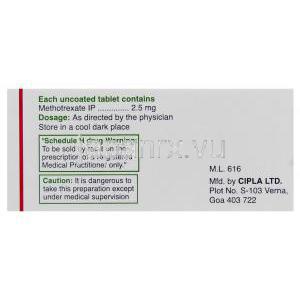 イミュトレックス, メトトレキサート 2.5mg 錠 (Cipla) 箱裏面・使用注意