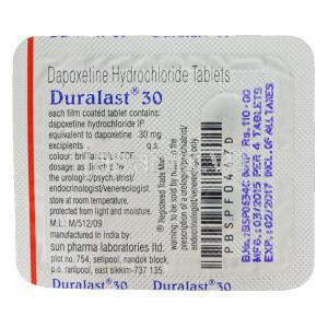 デュララスト 30, プリリジージェネリック,　ダボキセチン 30mg　錠　シート情報