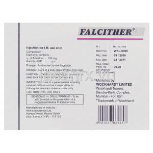 アーテエター, Falchither  注射薬(Wockhardt) 箱裏面