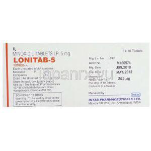 ロニタブ, ミノキシジル 5mg 錠 (Intas) 箱裏面