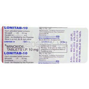 ロニタブ, ミノキシジル 10mg 錠 (Intas) 包装裏面