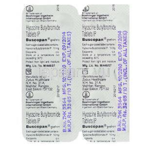 ブスコパン, ヒヨスチン-N-ブチルブロマイド Buscopan 10mg 錠 (Boehringer Ingelheim) 包装裏面