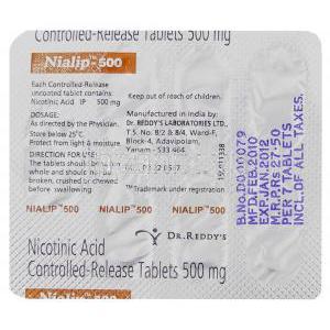 ナイアシン  ニコチン酸 （ナイアスパン ジェネリック）, Nialip 500mg 錠 (Dr.Reddy's) 包装裏面