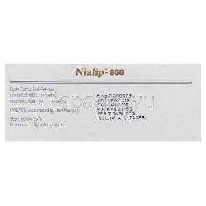 ナイアシン  ニコチン酸 （ナイアスパン ジェネリック）, Nialip 500mg 錠 (Dr.Reddy's) 成分
