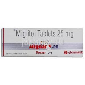 ミグナー,ミグリトール 25mg 錠 (Glenmark) 箱