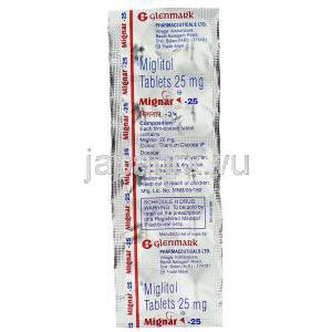 ミグナー,ミグリトール　25mg 錠 (Glenmark) 包装