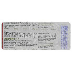 ベタヒスチン（メリスロン ジェネリック）, Zevert, 16mg  錠 (Intas) 包装裏面