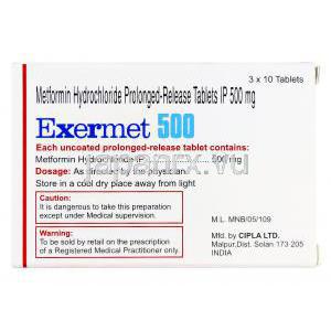 エグザメット, メトホルミン 500mg 持続性錠, 箱裏面
