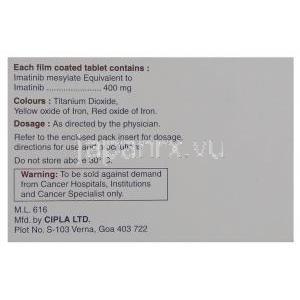 イマチニブ (グリベックジェネリック) , Imatib, 400mg 錠 (Cipla) 製造者情報