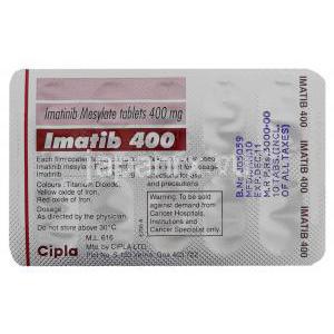 イマチニブ (グリベックジェネリック) , Imatib, 400mg 錠 (Cipla) 包装裏面