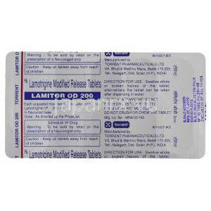 ラミトール OD 200 , ラモトリジン 200mg 錠 (Torrent) 包装裏面