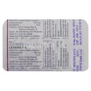 レベラ Levera, イーケプラ ジェネリック, レベチラセタム  750mg 錠 (Intas) 包装裏面