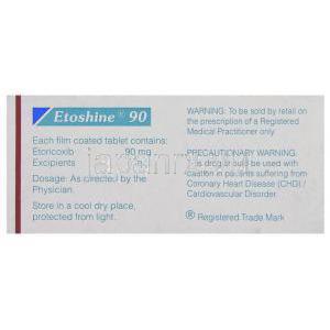 ジェネリック・アルコキシア, エトリコキシブ 90 mg 錠 Etoshine (Sun Pharma) 成分表示