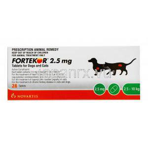 フォルテコール　2.5mg, 錠 犬・猫用 製造元：ノバルティス社 箱表面　情報