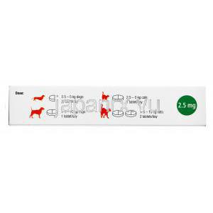 フォルテコール　2.5mg, 錠 犬・猫用 製造元：ノバルティス社 箱側面　使用方法