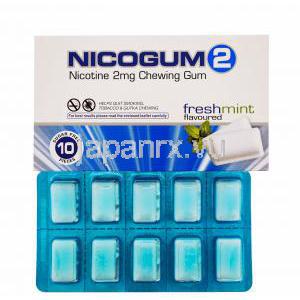 Nicogum 2,ニコチン代替療法用ガム 2mg, ミント味，箱表面,シート